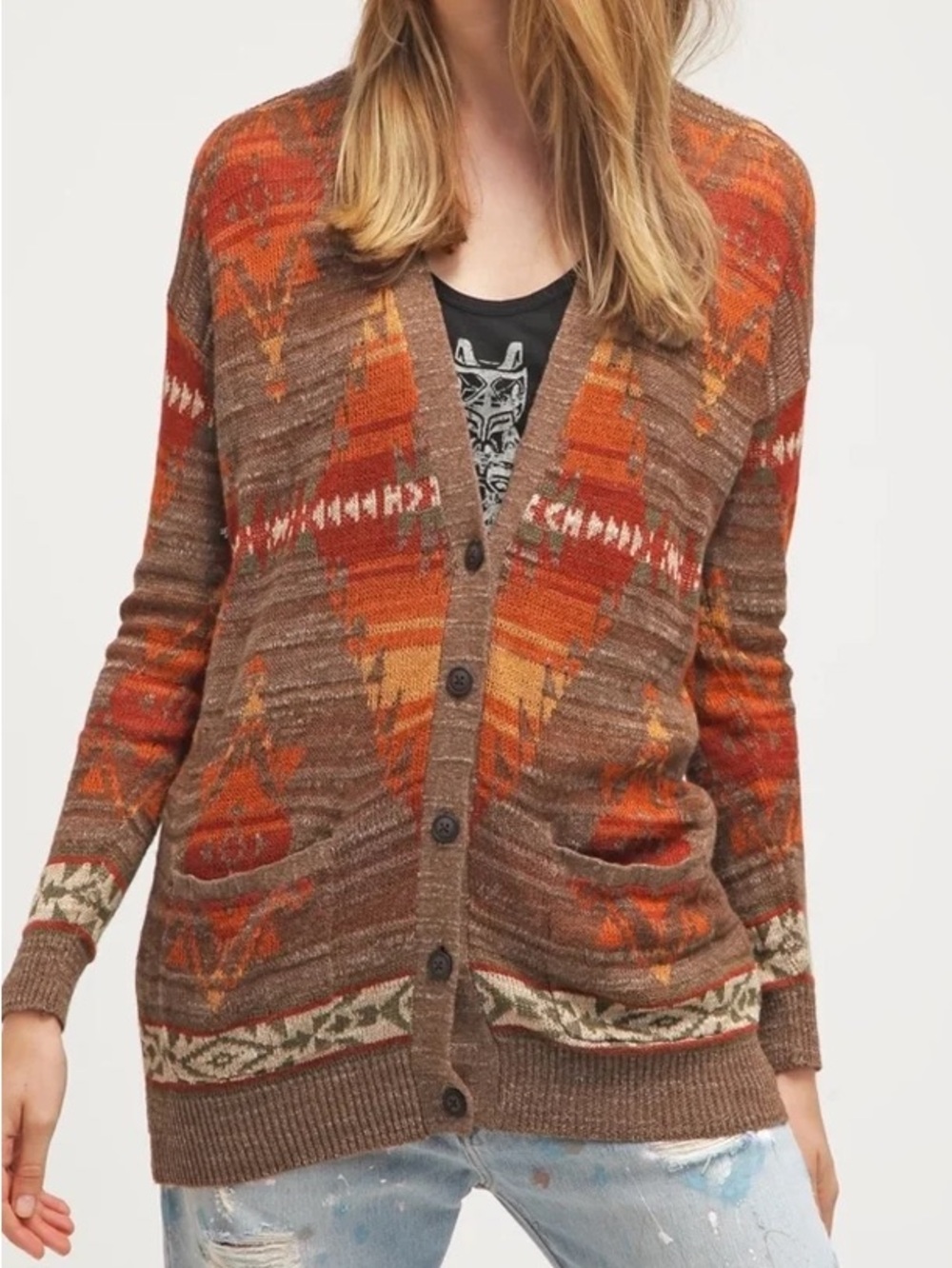 Denim & Supply Ralph Lauren Linen Blend Aztec Southwest Knit Cardigan Sweater S
